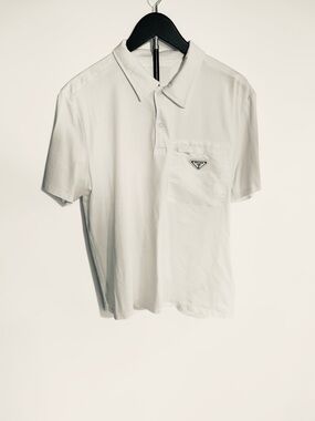 Prada White Short-Sleeve Polo with Chest Pocket and Logo Patch
